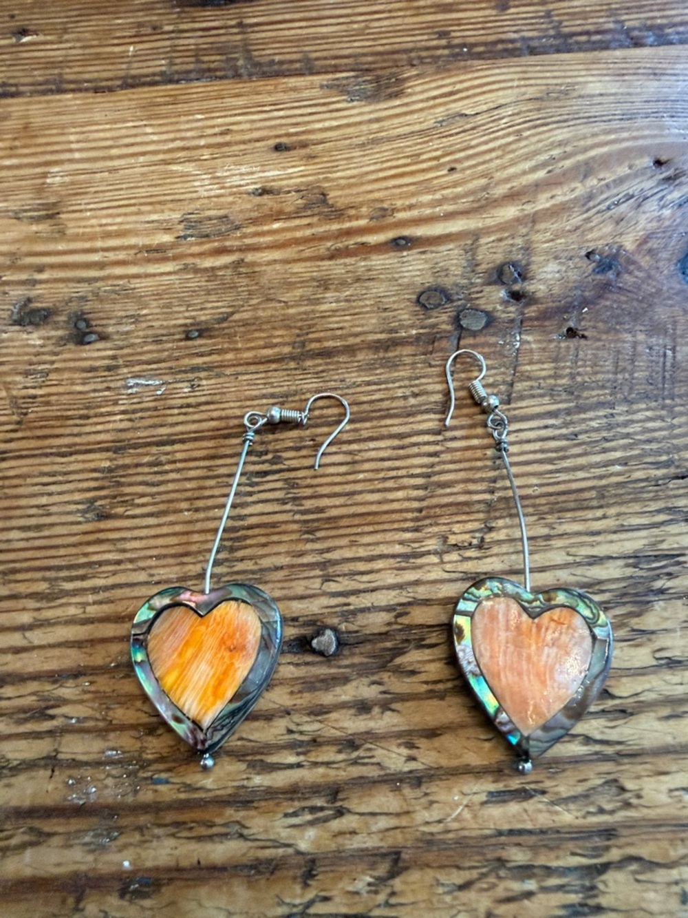Heart Drop Earrings with Orange spiney Inlay